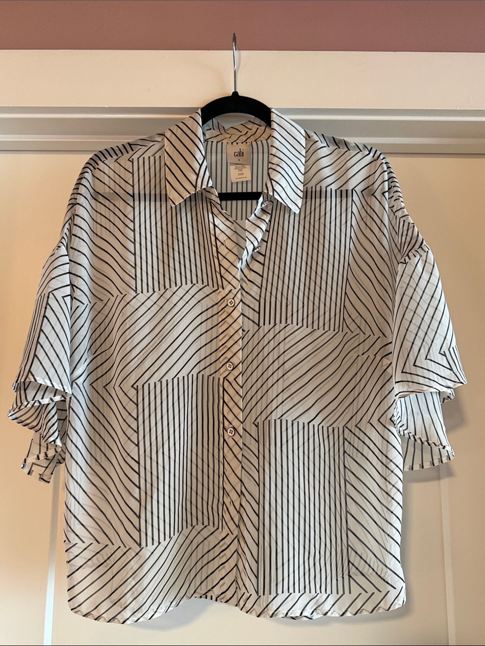 cabi White and Black Geometric Stripe Button-Up Shirt